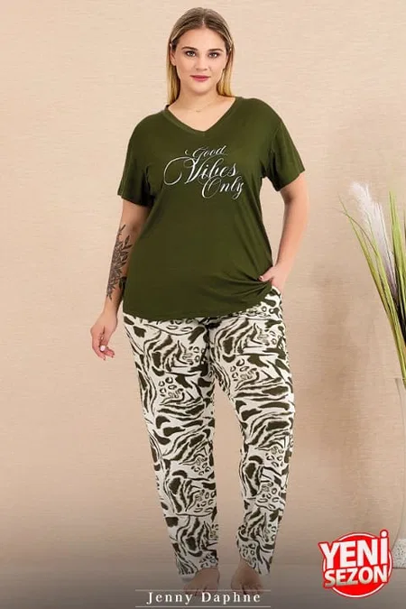 Büyük Beden V Yaka Yeşil Pijama Takımı Lady 10999 - Yeşil