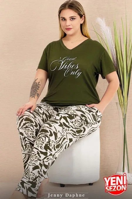 Büyük Beden V Yaka Yeşil Pijama Takımı Lady 10999 - Yeşil