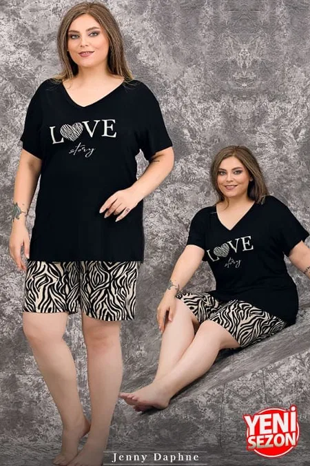 Büyük Beden Zebra Desenli Kısa Kollu Pijama Takımı Lady 10422 - Siyah