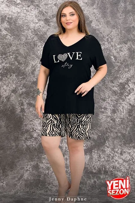 Büyük Beden Zebra Desenli Kısa Kollu Pijama Takımı Lady 10422 - Siyah