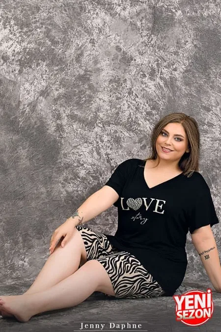 Büyük Beden Zebra Desenli Kısa Kollu Pijama Takımı Lady 10422 - Siyah