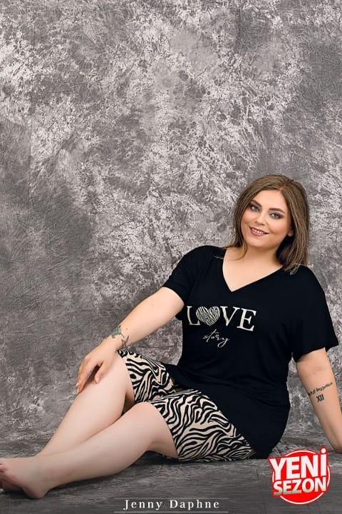Büyük Beden Zebra Desenli Kısa Kollu Pijama Takımı Lady 10422 - Siyah