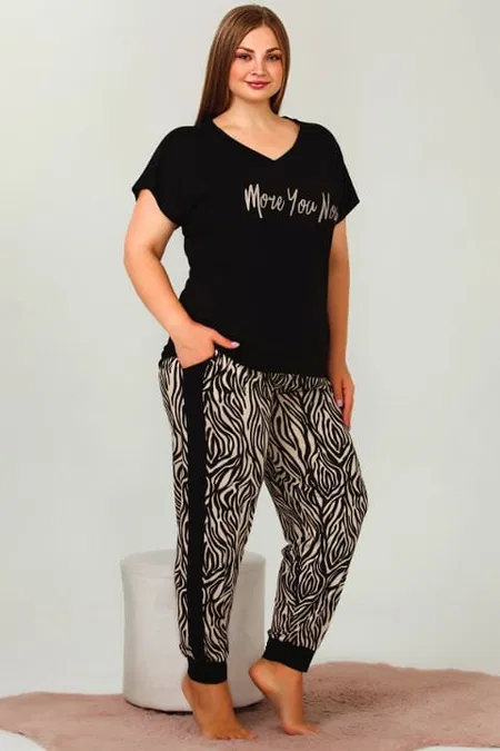 Büyük Beden Zebra Desenli Kısa Kollu Pijama Takımı Lady 10947 - Siyah