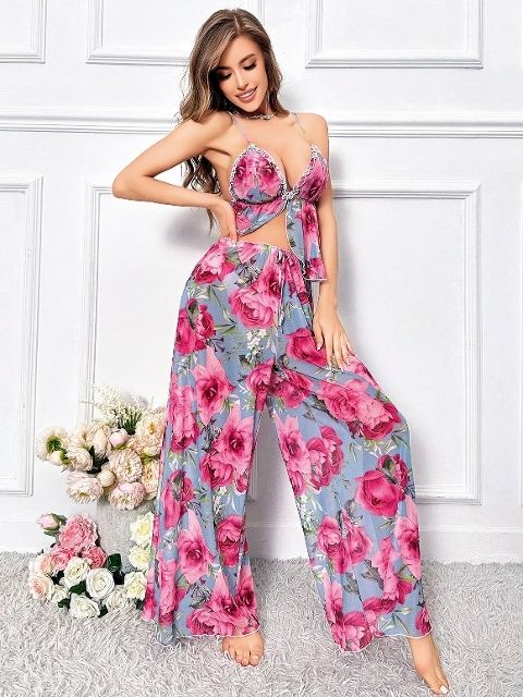 Büyük Çiçekli Geniş Pantalon İnce Askılı Pijama Takımı Pink Night 1457