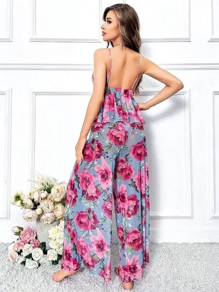 Büyük Çiçekli Geniş Pantalon İnce Askılı Pijama Takımı Pink Night 1457 - Mavi