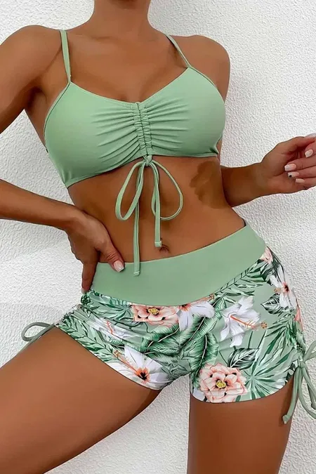 Büzgü Ayarlı Baskılı Bikini Takımı Angelsin MS 4388 Yeşil - Yeşil