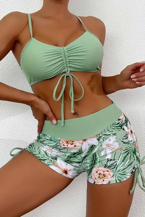 Büzgü Ayarlı Baskılı Bikini Takımı Angelsin MS 4388 Yeşil - Yeşil