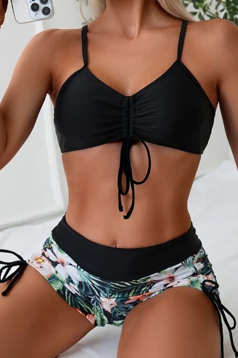 Büzgü Ayarlı Baskılı Bikini Takımı Angelsin MS4388 Siyah - Siyah