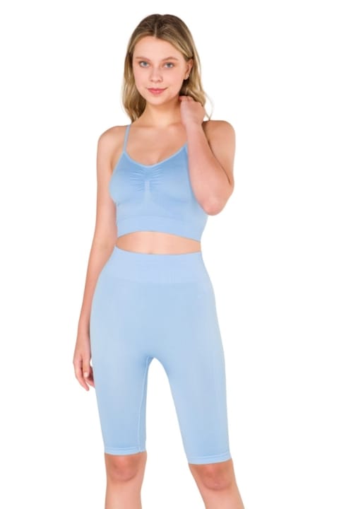 Büzgülü Dikişsiz Crop Büstiyer Jartiyer Takım FormActive 2000 - Mavi