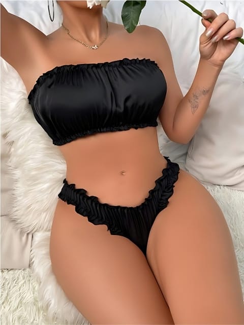 Büzgülü Dantel Detaylı Fantezi Sütyen Takımı SHE 2113 - Siyah