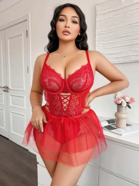 Dantel Detaylı Çapraz İpli Fantazi Body Ruselin 8008 - Kırmızı