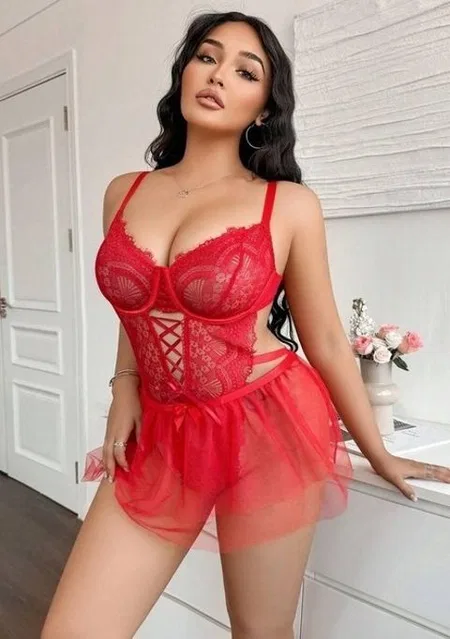 Dantel Detaylı Çapraz İpli Fantazi Body Ruselin 8008 - Kırmızı