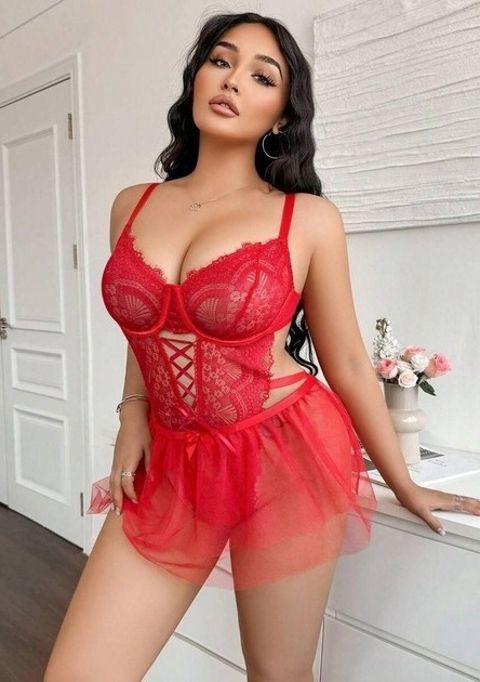 Dantel Detaylı Çapraz İpli Fantazi Body Ruselin 8008 - Kırmızı