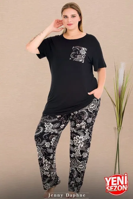 Büyük Beden Çiçek Desenli Kısa Kollu Pijama Takımı Lady 11011 - Siyah