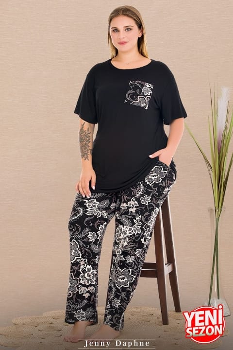 Büyük Beden Çiçek Desenli Kısa Kollu Pijama Takımı Lady 11011 - Siyah