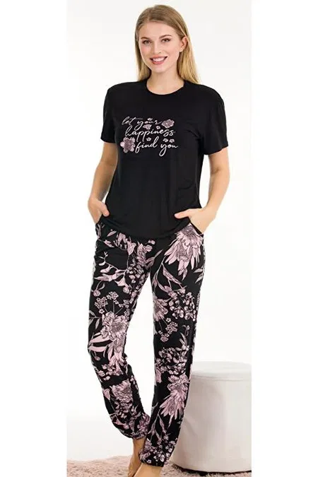 Çiçek Desenli Cepli Kısa Kollu Pijama Takımı Lady 12554 - 2