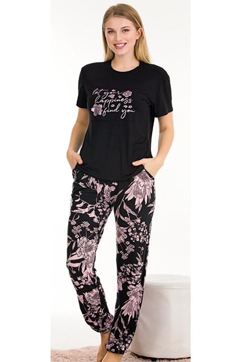 Çiçek Desenli Cepli Kısa Kollu Pijama Takımı Lady 12554 - Siyah