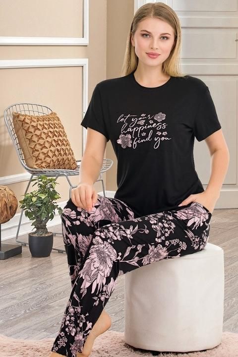 Çiçek Desenli Cepli Kısa Kollu Pijama Takımı Lady 12554