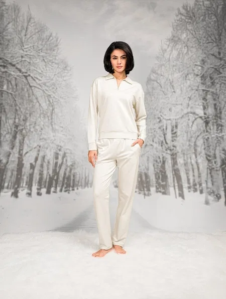 Pamuklu Polyester Cepli Pantolon Gömlek Yaka T-shirt Takım Doreanse 7137 - Ekru