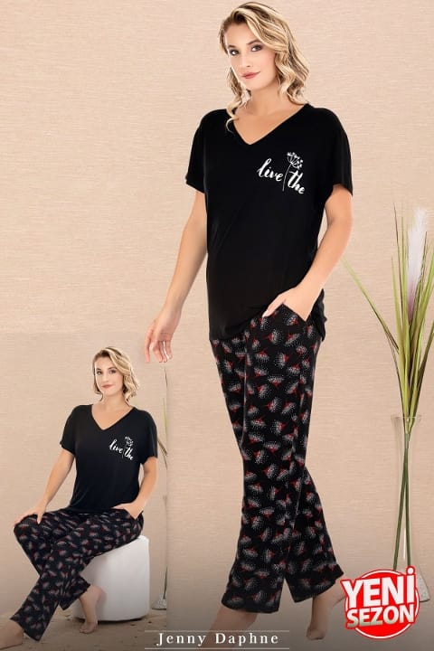 Cepli V Yaka Desenli Kısa Kollu Pijama Takımı Lady 12670