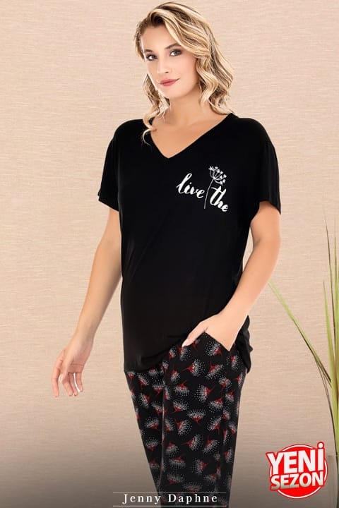 Cepli V Yaka Desenli Kısa Kollu Pijama Takımı Lady 12670 - Siyah