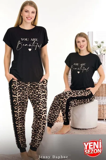 Leopar Desenli Kısa Kollu Pijama Takımı Lady 12556 - Siyah