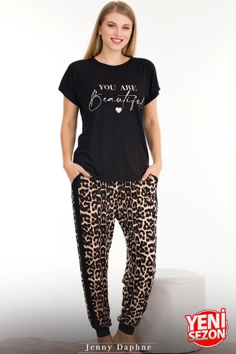 Leopar Desenli Kısa Kollu Pijama Takımı Lady 12556 - Siyah