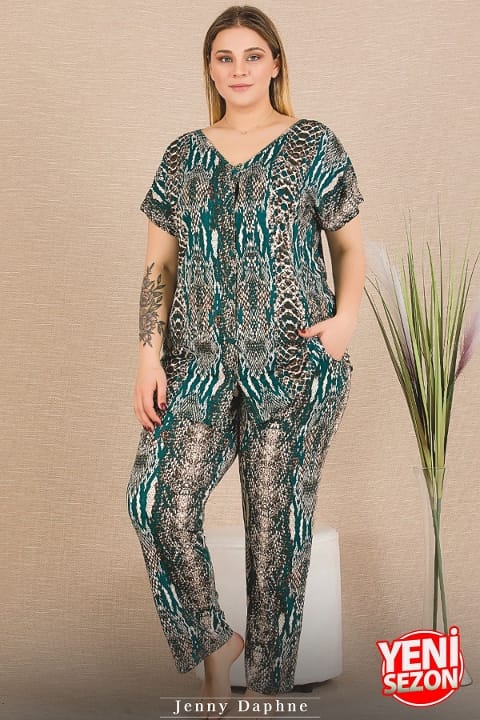 Cepli Yılan Desenli Büyük Beden Düğmeli Kısa Kollu Pijama Takımı Lady 11030 - Yeşil