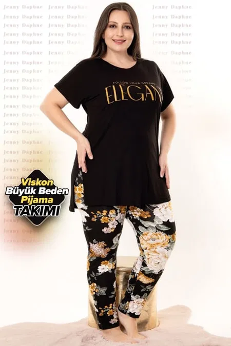 Çiçek Desenli Büyük Beden Kapri Pijama Takımı Lady 10948 - Siyah