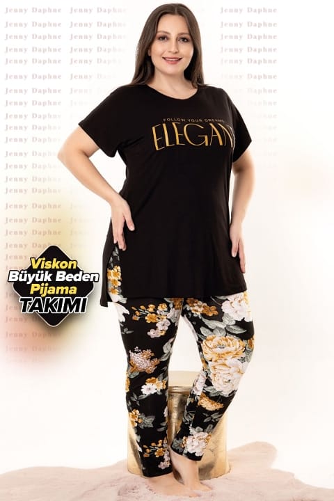 Lady Çiçek Desenli Büyük Beden Kapri Pijama Takımı Lady 10948