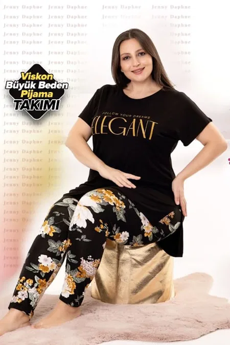 Çiçek Desenli Büyük Beden Kapri Pijama Takımı Lady 10948 - Siyah