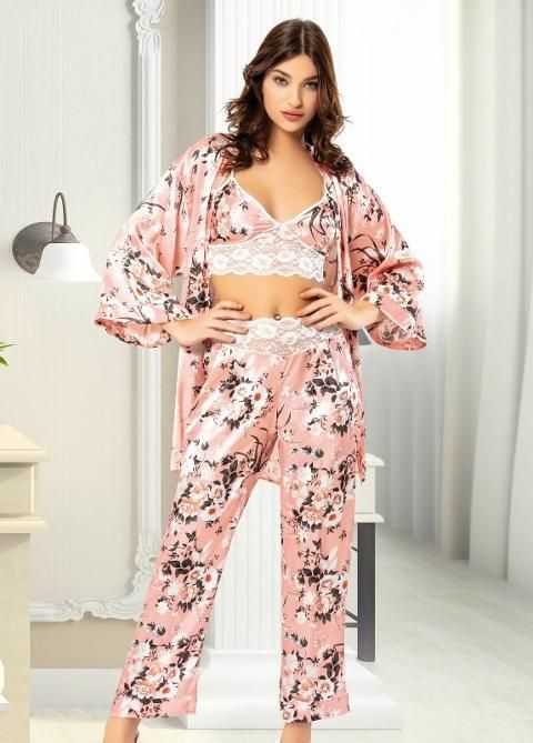 Çiçek Desenli Dantelli Büstiyer Sabahlık Pijama Takımı Miss Laris 5023