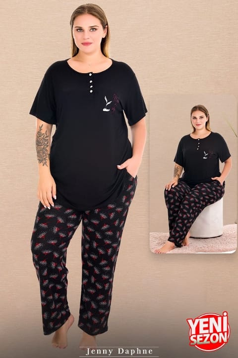 Çiçek Desenli Düğmeli Kısa Kollu Büyük Beden Kadın Pijama Takımı Lady 11016 - Siyah