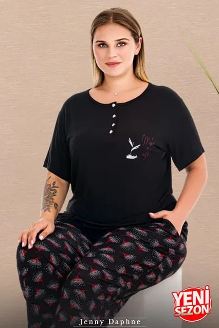 Çiçek Desenli Düğmeli Kısa Kollu Büyük Beden Kadın Pijama Takımı Lady 11016 - Siyah