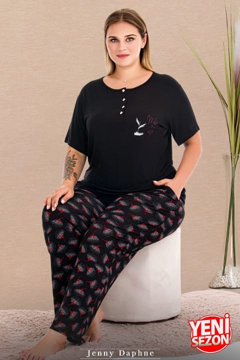 Çiçek Desenli Düğmeli Kısa Kollu Büyük Beden Kadın Pijama Takımı Lady 11016 - Siyah