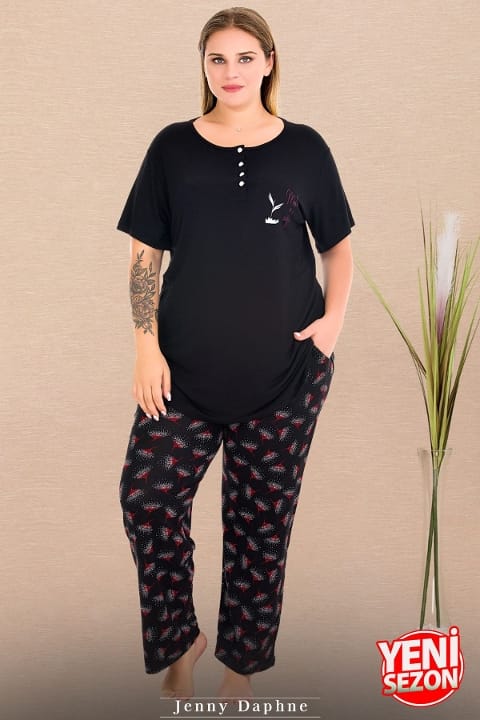 Çiçek Desenli Düğmeli Kısa Kollu Büyük Beden Kadın Pijama Takımı Lady 11016 - Siyah