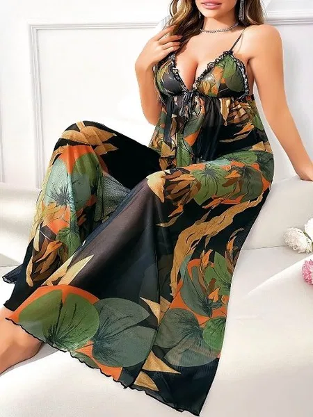 Çiçek Desenli İnce Askılı Büyük Beden Pijama Takımı Pink Night 6959