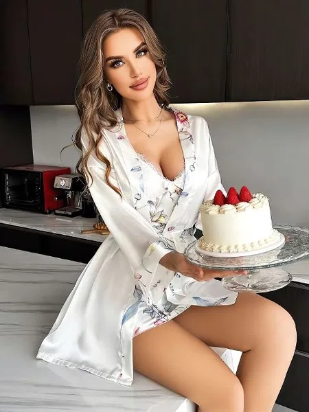 Çiçek Desenli İnce Askılı Saten Gecelik Kadın Gecelik Pink Night 1514 - Beyaz