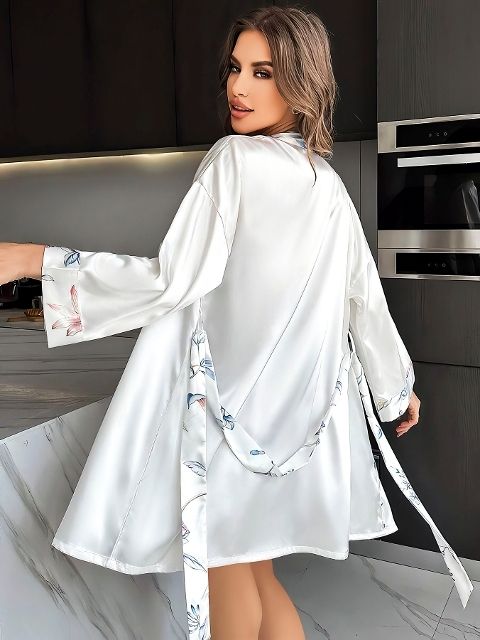 Çiçek Desenli İnce Askılı Saten Gecelik Kadın Gecelik Pink Night 1514 - 2