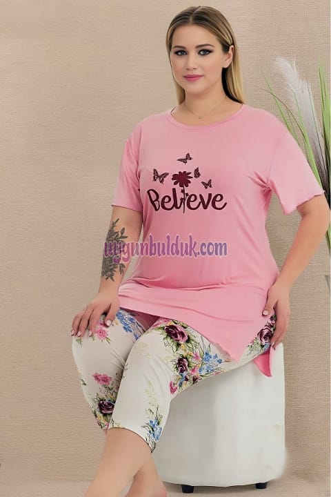 Çiçek Desenli Rahat Kesim Kapri Pijama Takımı Lady 10724