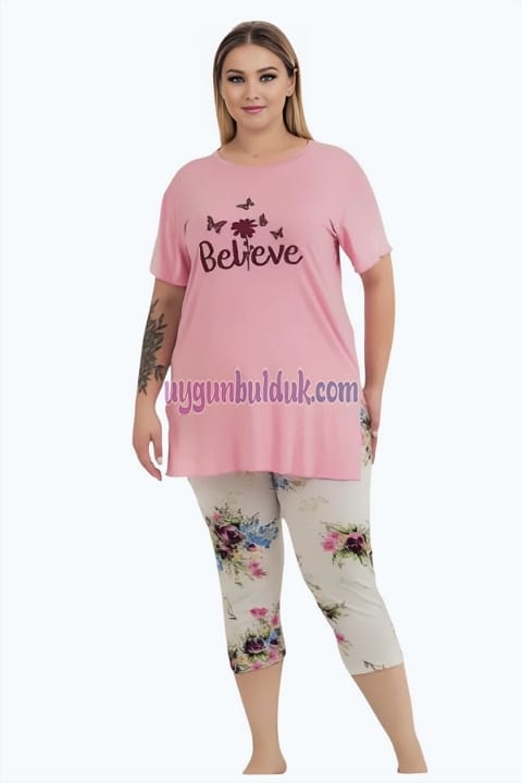 Çiçek Desenli Rahat Kesim Kapri Pijama Takımı Lady 10724 - Pembe