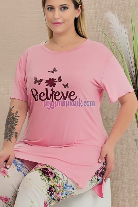 Çiçek Desenli Rahat Kesim Kapri Pijama Takımı Lady 10724 - Pembe