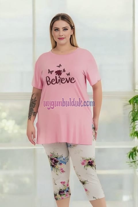 Çiçek Desenli Rahat Kesim Kapri Pijama Takımı Lady 10724 - Pembe