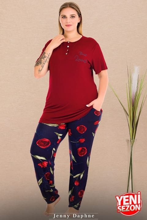 Lady Çiçek Desenli Kırmızı Düğmeli Yaka Büyük Beden Pijama Lady 11001 - Görsel 2