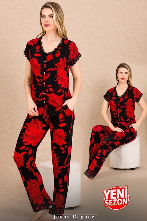 Çiçek Desenli Kırmızı Kısa Kollu Kadın Pijama Takımı Lady 12494