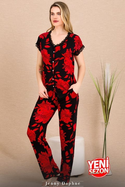 Çiçek Desenli Kırmızı Kısa Kollu Kadın Pijama Takımı Lady 12494 - 2