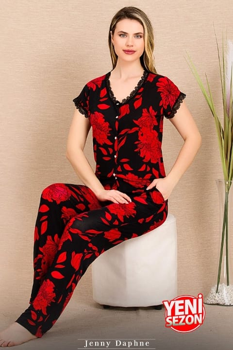 Lady Çiçek Desenli Kırmızı Kısa Kollu Kadın Pijama Takımı Lady 12494 - Görsel 4