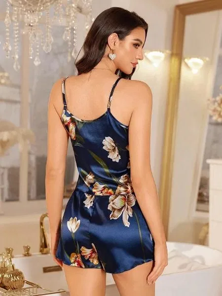 Çiçek Desenli İnce Askılı Saten Şort Takım Ruselin 2236 - 2