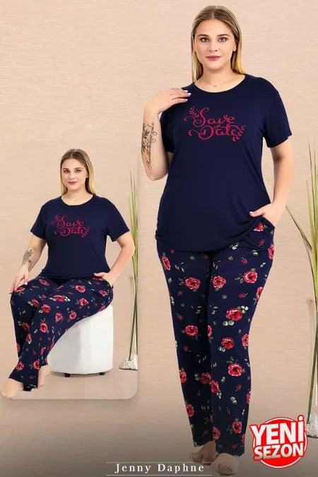 Çiçek Desenli Ekru Büyük Beden Pijama Takımı Lady 11025 - Lacivert