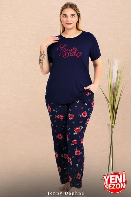 Çiçek Desenli Ekru Büyük Beden Pijama Takımı Lady 11025 - Lacivert